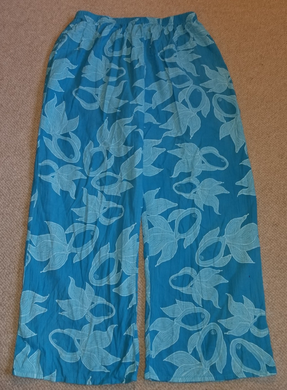 Womens Pants-ICANTOO-blue fish print 100% cotton pull-on straight leg Coastal-L